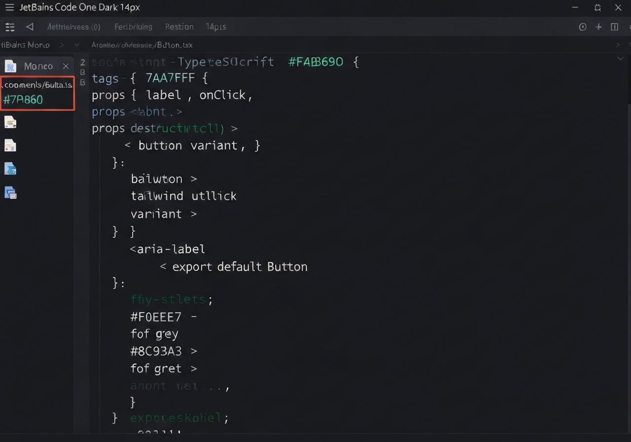 VS Code One Dark screenshot of a functional React Button component with TypeScript and Tailwind.